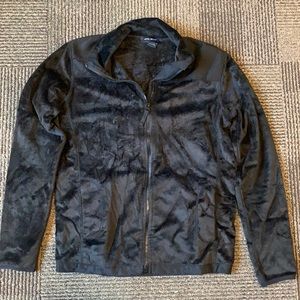 Fuzzy black zip up jacket, size L
